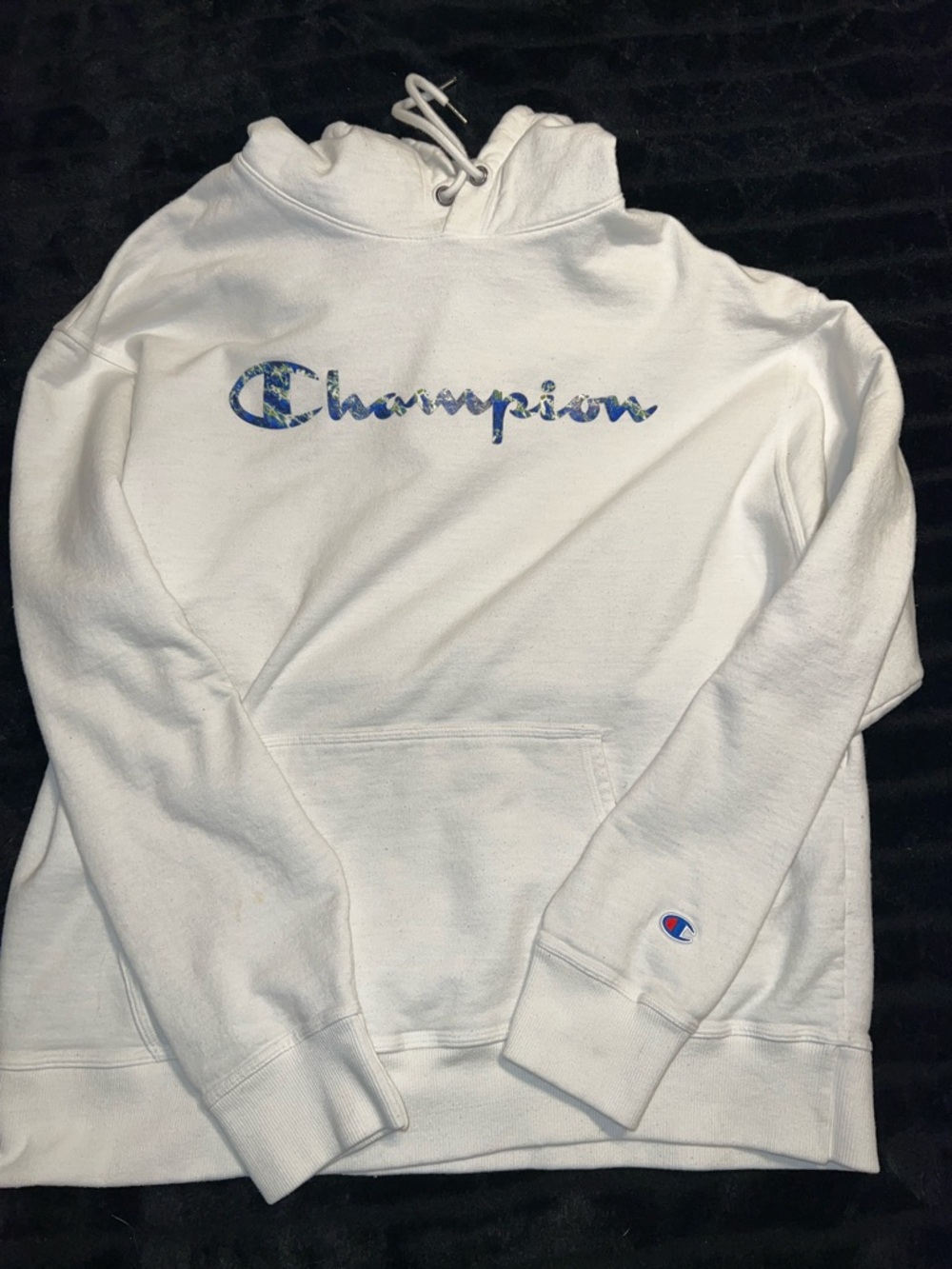 Champion White Hoodie with Blue Patterned Script